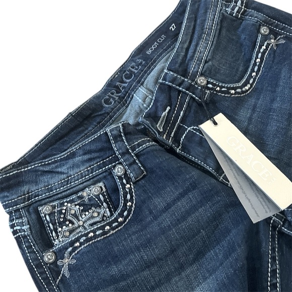 Grace in LA boot cut jeans with silver angel wings and cross accents - Picture 2 of 3